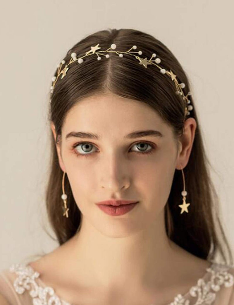 BERYUAN Sequins Pearl Star Headband Earrings Set Gold Wedding Hair Accessories Tassel Star Pendant Jewelry for Her Gift for Women Girls (Gold) - Image 2